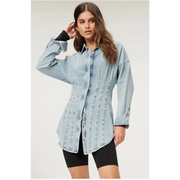 Good American Tops - Good American Seamed Long Sleeve Denim Shirt Dress Size 1